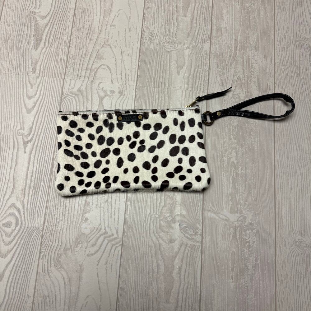W&G Hair On Hide Wristlet Clutch Black White Spotted Leather Strap Zip Purse